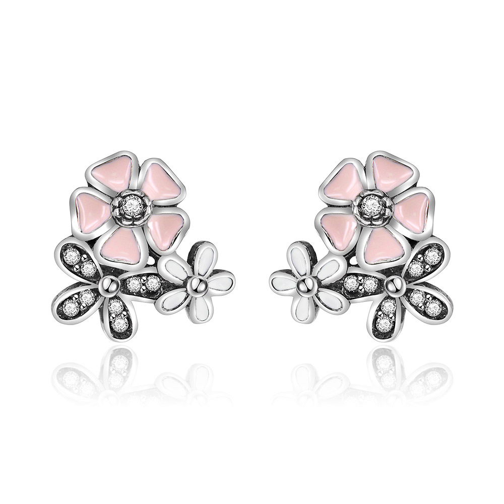 A pair of Silver Flower Stud Earrings with delicate white and pink enamel, crafted from 925 sterling silver and adorned with sparkling cubic zirconia.