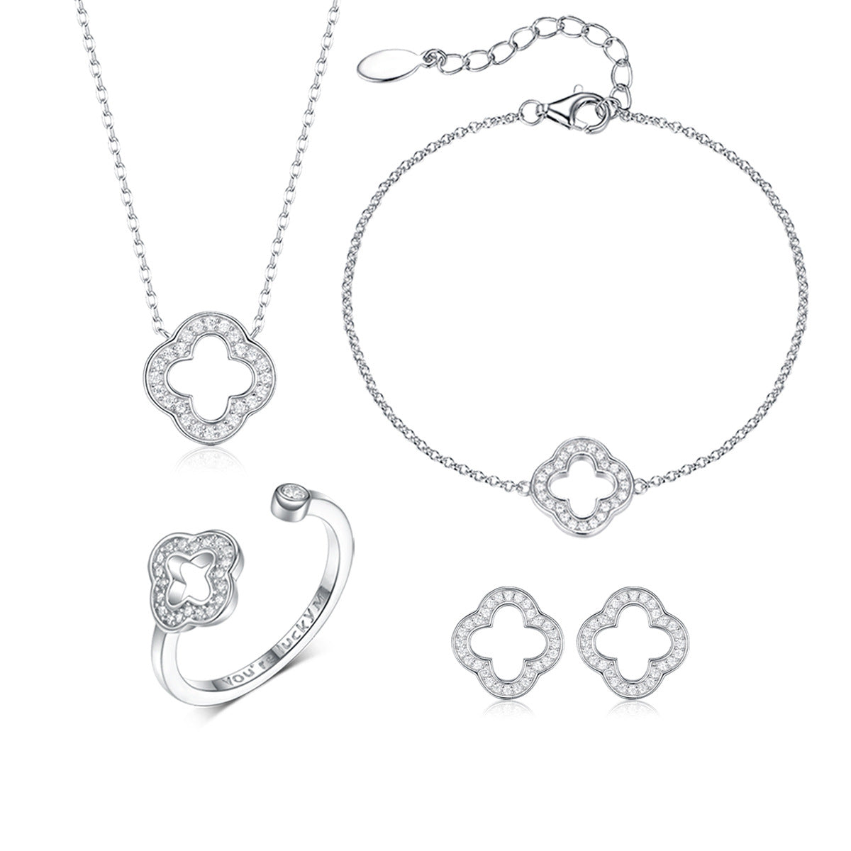 Complete 925 sterling silver lucky clover jewelry set for women, including a necklace, bracelet, earrings, and ring with sparkling CZ stones.