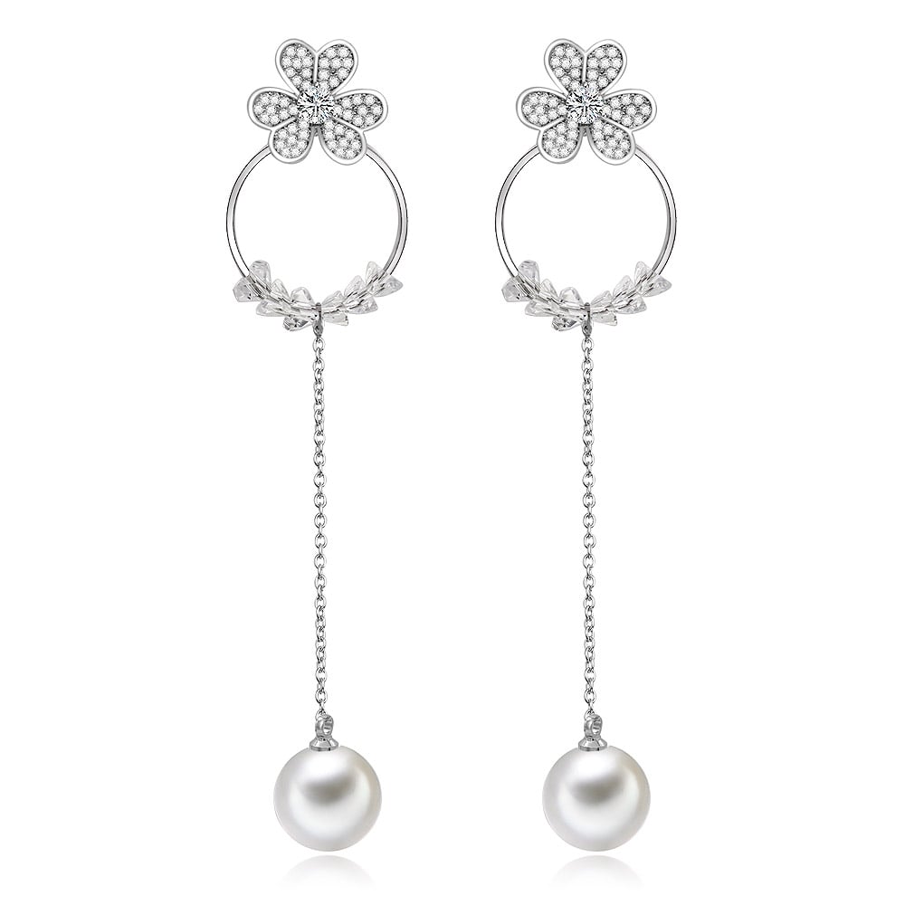 A pair of Clover Shape Long Earrings with Pearl, showcasing a detailed silver floral and leaf design accented with clear cubic zirconia stones and a prominent white pearl.