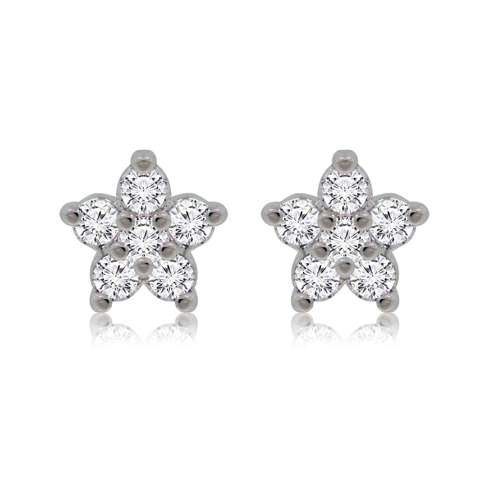 A pair of silver star-shaped Shinning Star Stud Earrings, each adorned with sparkling white cubic zirconia stones, on a white background.