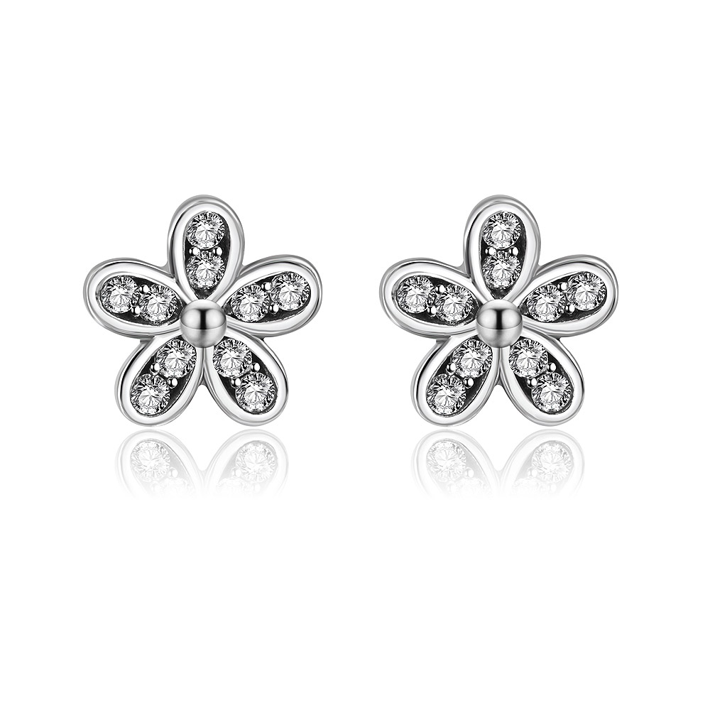 A pair of Silver Morning Dew Flower Earrings made from 925 sterling silver, featuring a detailed floral design with sparkling clear cubic zirconia gemstones.