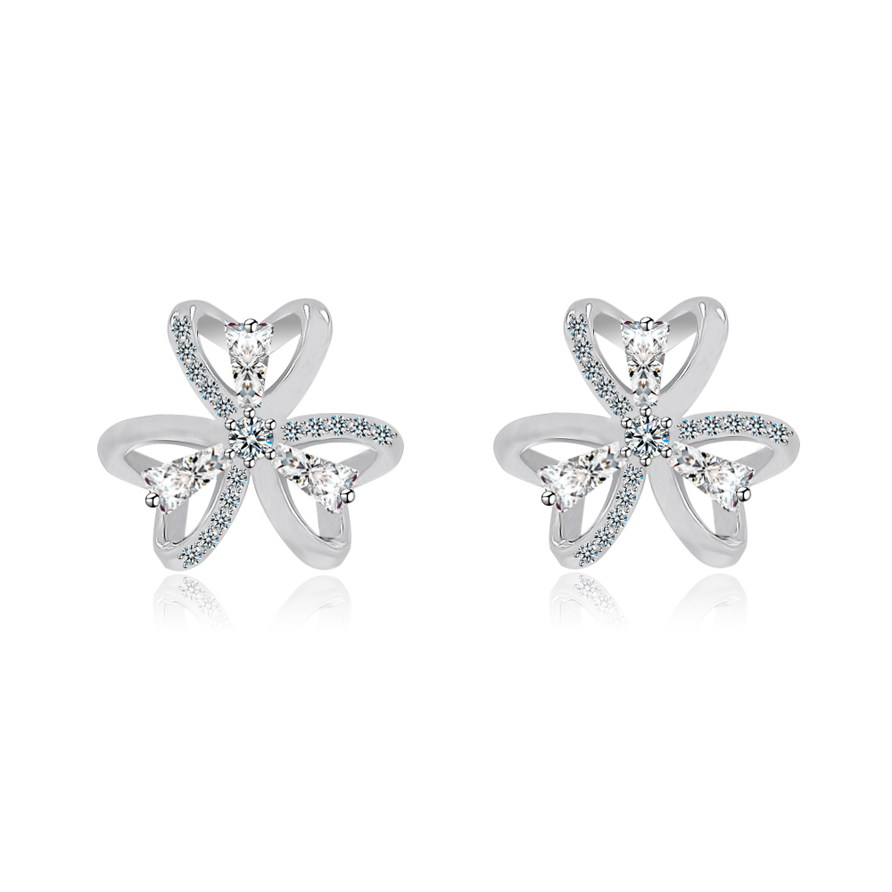 Front view of the 3 Hearts Clover and CZ Ear Post stud earrings, showcasing the rhodium-plated brass clover design with sparkling cubic zirconia stones.