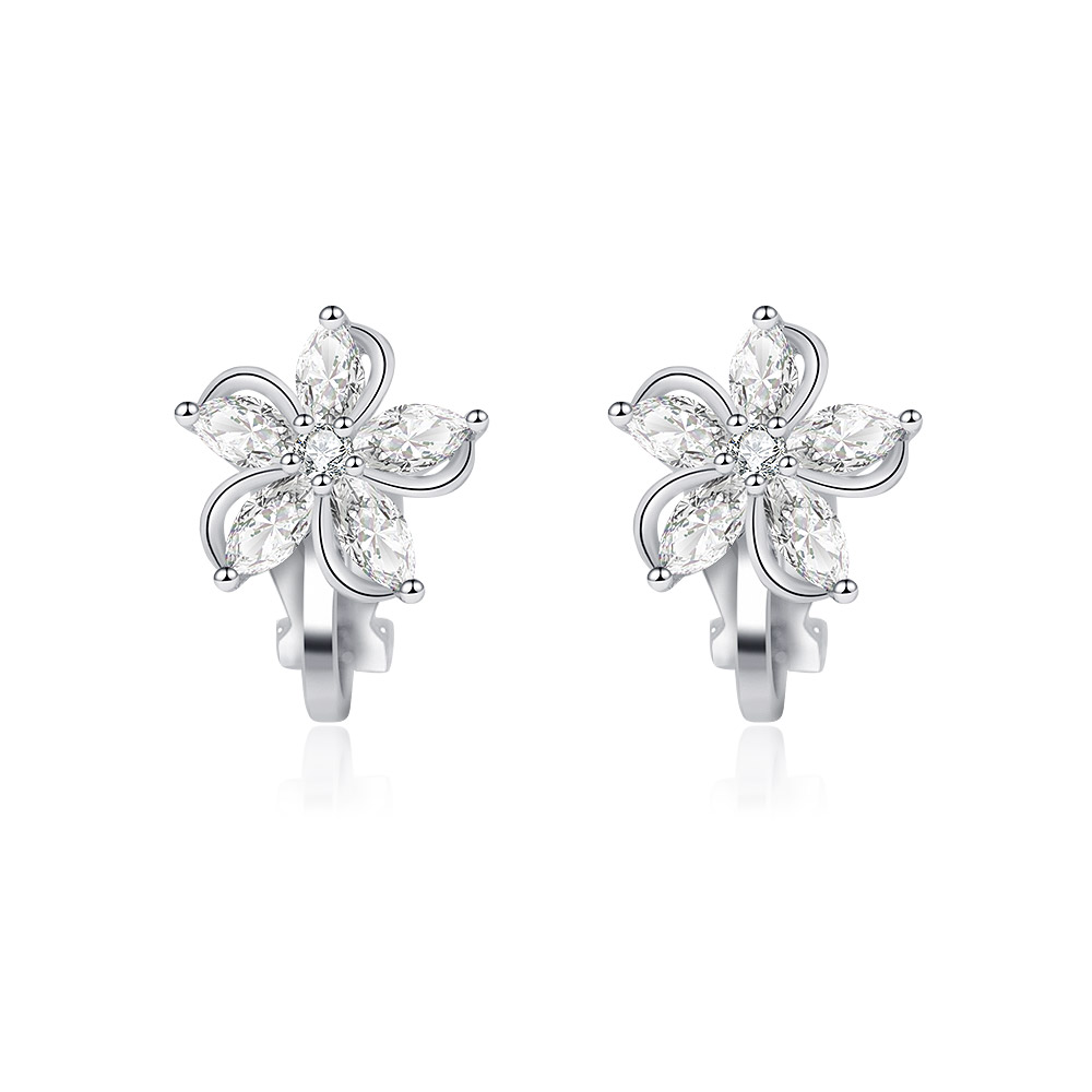A pair of 5 Petals Flower Clip Earrings in rhodium-plated brass, showcasing a sparkling floral design with white cubic zirconia stones.