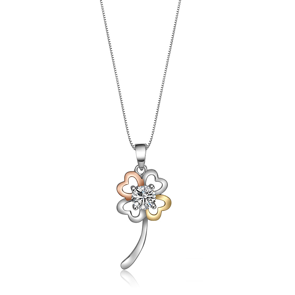 Close-up of the Three Tone Blossoming Pendant, showcasing its intricate flower design with silver, gold, and rose gold petals surrounding a central cubic zirconia stone.