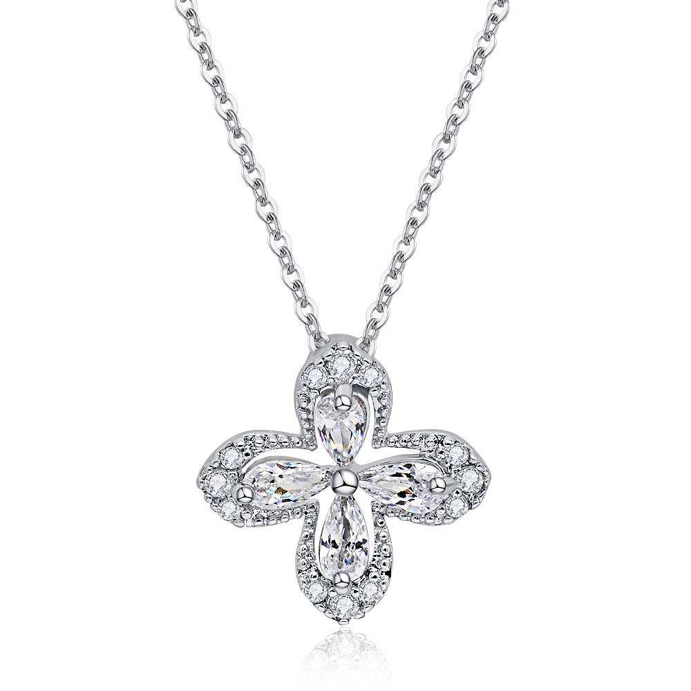 A close-up of the Ever light 4 Petal Flower Necklace, showcasing its rhodium-plated finish and the intricate flower pendant with a central cubic zirconia stone.