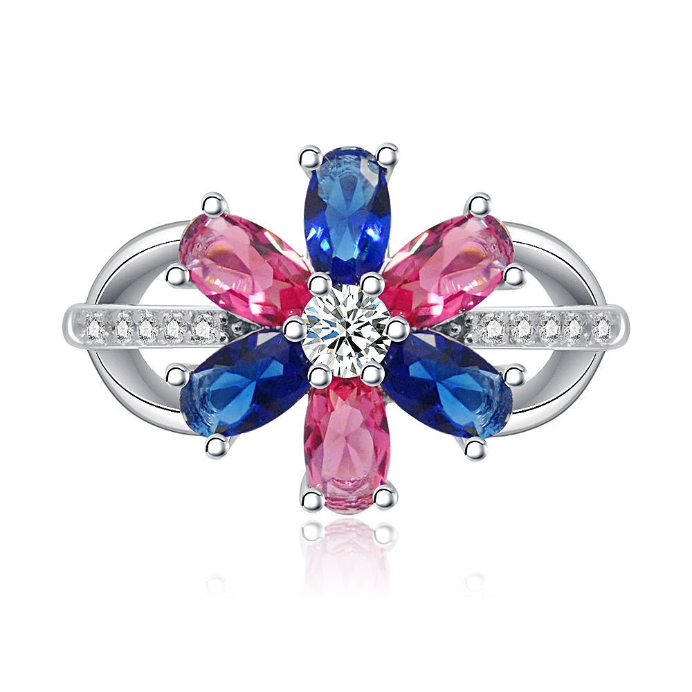 Flower Double Color Cubic Zirconia Band Ring featuring a floral design with a central white CZ, surrounded by pink and blue gemstones on a rhodium-plated band with accent stones.