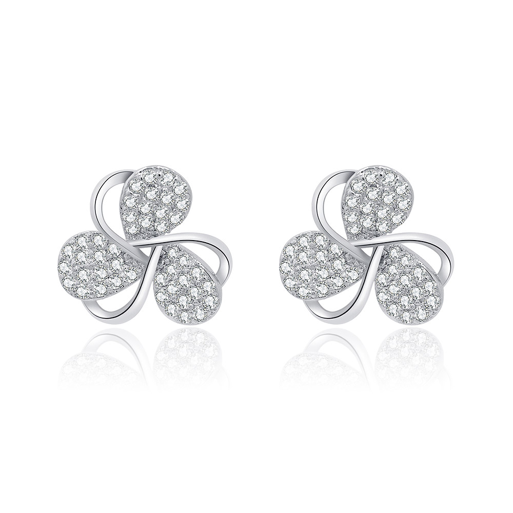 A pair of Lucky Symbol Leaf Clover Baby Studs, made of silver-colored metal with a rhodium finish, featuring a four-leaf clover design adorned with sparkling clear cubic zirconia gemstones.