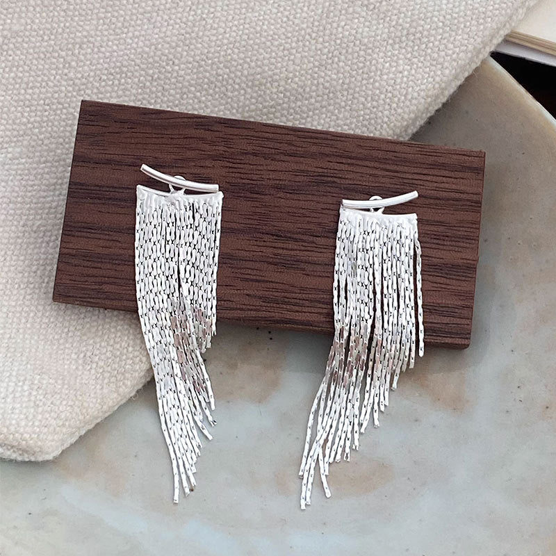A pair of elegant 925 sterling silver chain tassel dangling earrings on a clean white background, showcasing their intricate fringe design.