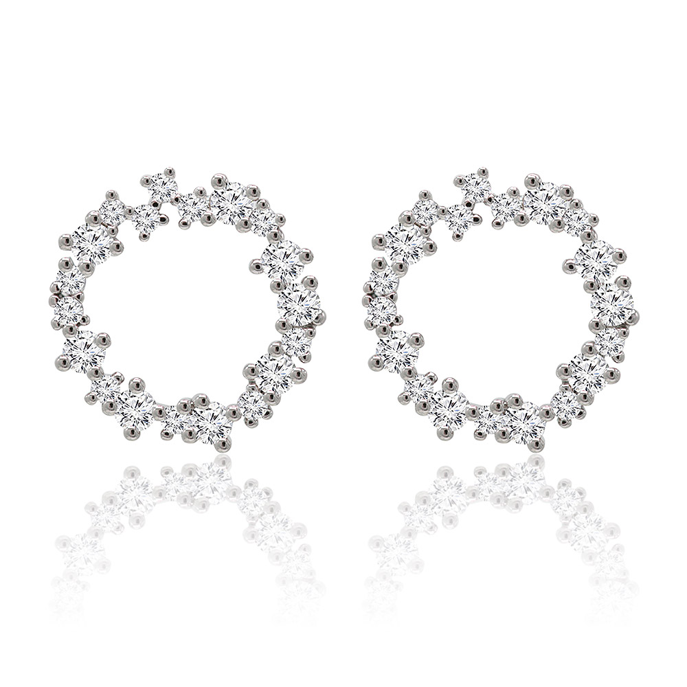 A pair of elegant Circle Cluster Halo Earrings, crafted from silver-toned metal with sparkling clear cubic zirconia gemstones.