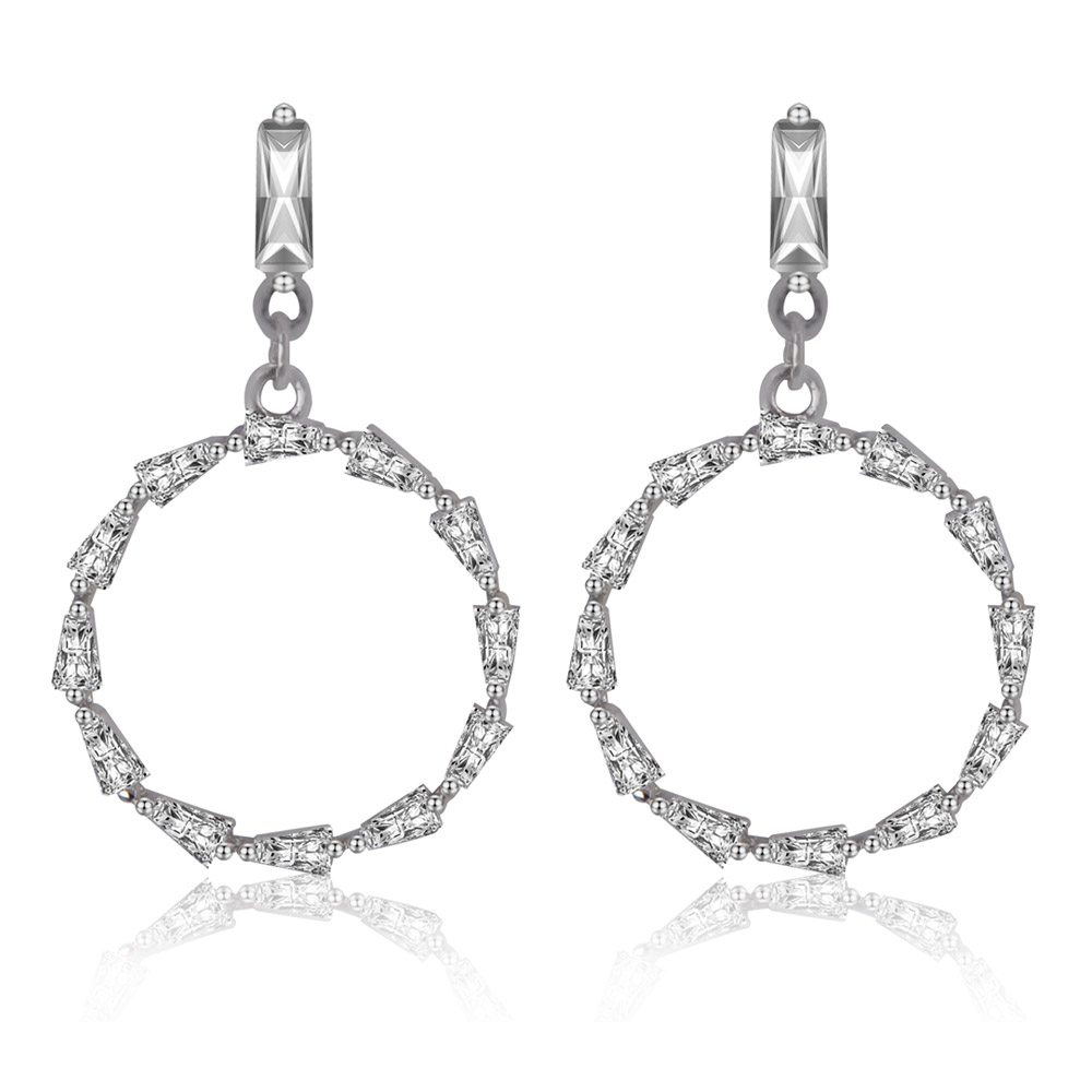 Elegant Round Earring - A pair of silver geometric hoop earrings with clear cubic zirconia stones.