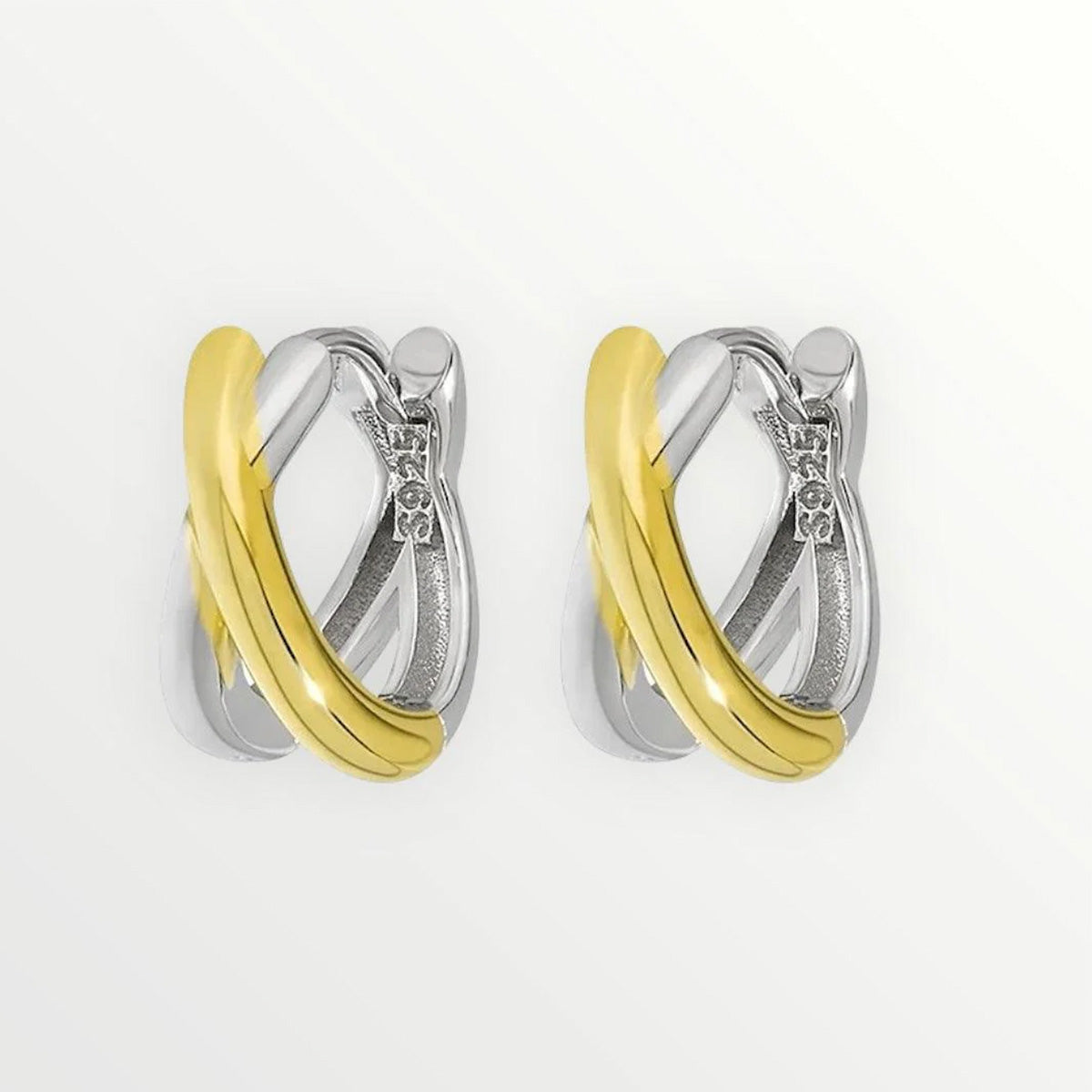 A pair of two-tone knot hoop earrings in 925 sterling silver, showcasing the elegant intertwined gold and silver design against a clean white background.