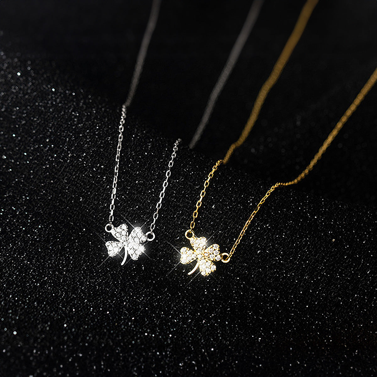 Lucky Blossom 925 Sterling Silver Four Leaf Clover Zircon Necklaces, shown in both elegant silver and luxurious gold finishes.