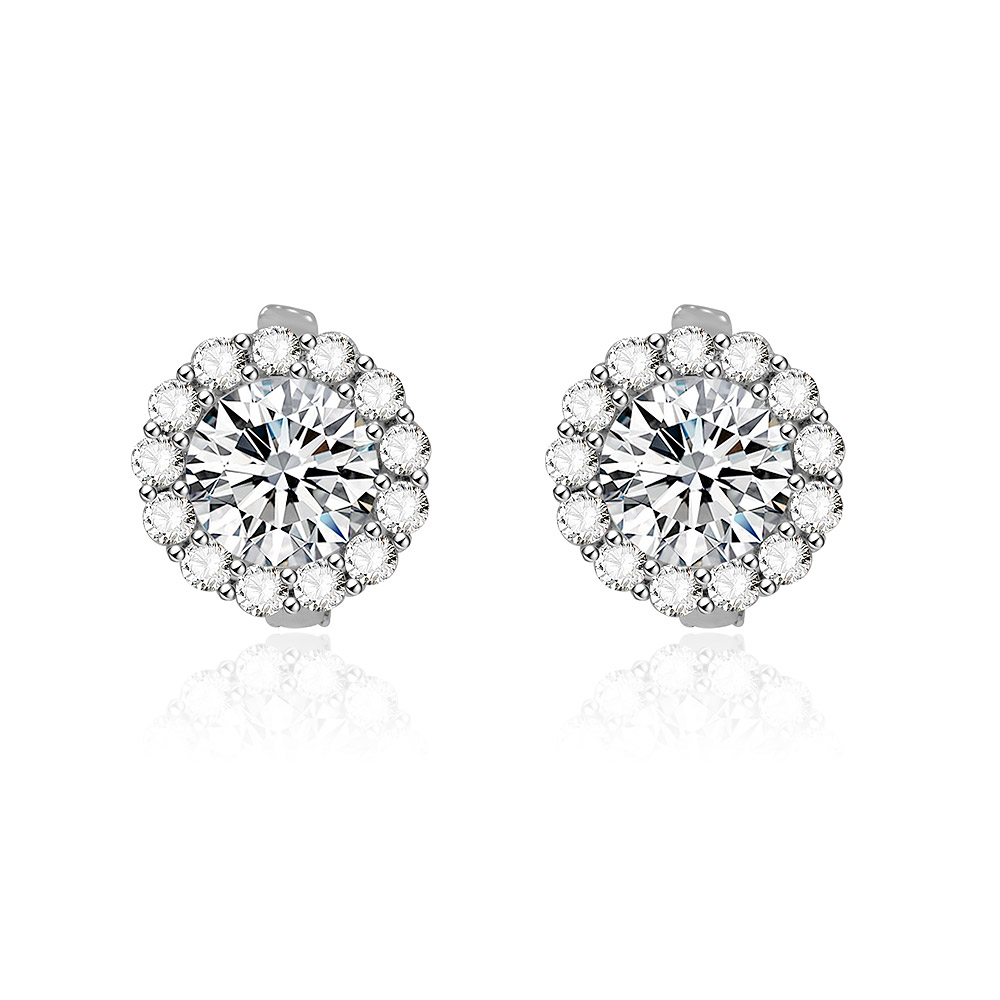 Close-up of a Flower CZ Cluster Huggie Earring, showcasing the intricate halo-style design with a central cubic zirconia surrounded by smaller stones on a rhodium-plated brass base.