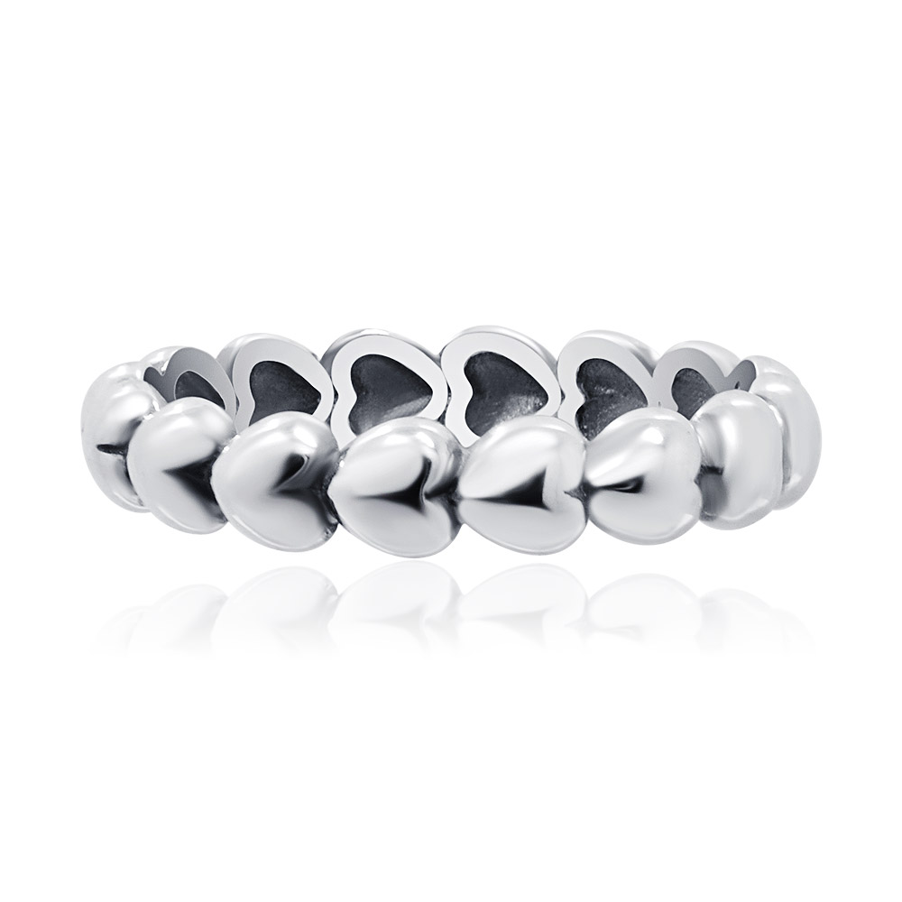 Close-up of the Simple Finger Heart Band Ring, showcasing its alternating pattern of polished silver heart and ball shapes on a white background.