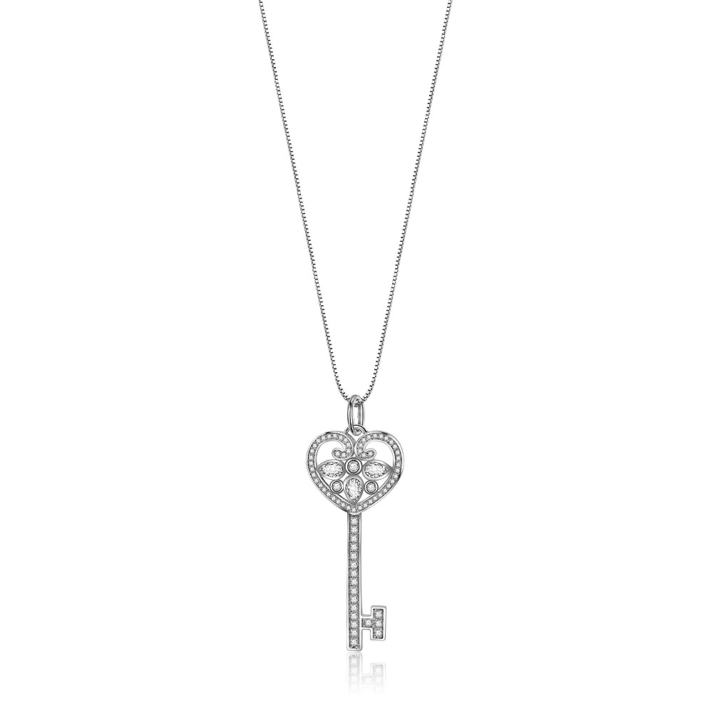The Love is Key Pendant necklace, featuring a silver-colored, heart-shaped key design adorned with a central cubic zirconia stone, on a matching chain.