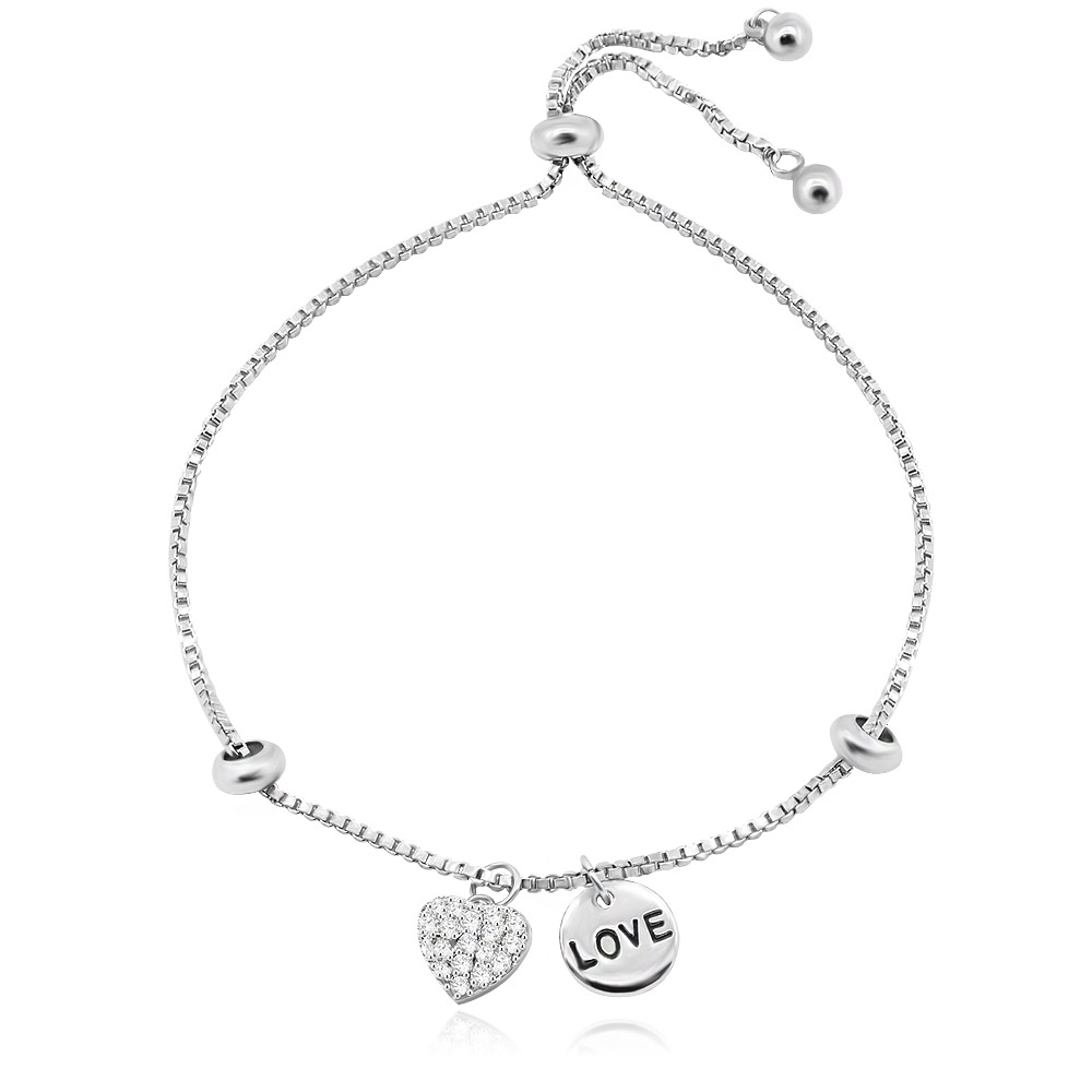Close-up of the silver Love Heart Charm Adjustable Bracelet, highlighting the sparkling cubic zirconia heart charm and the engraved 'LOVE' disc charm.