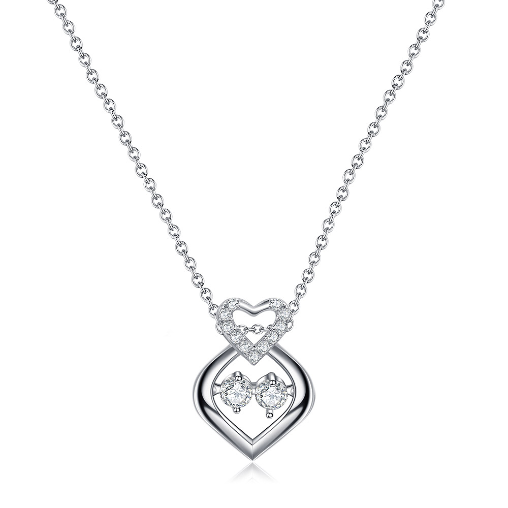 A detailed view of the rhodium-plated Silver Dancing CZ Heart Pendant Necklace, showcasing the intricate double heart design and shimmering cubic zirconia stones.