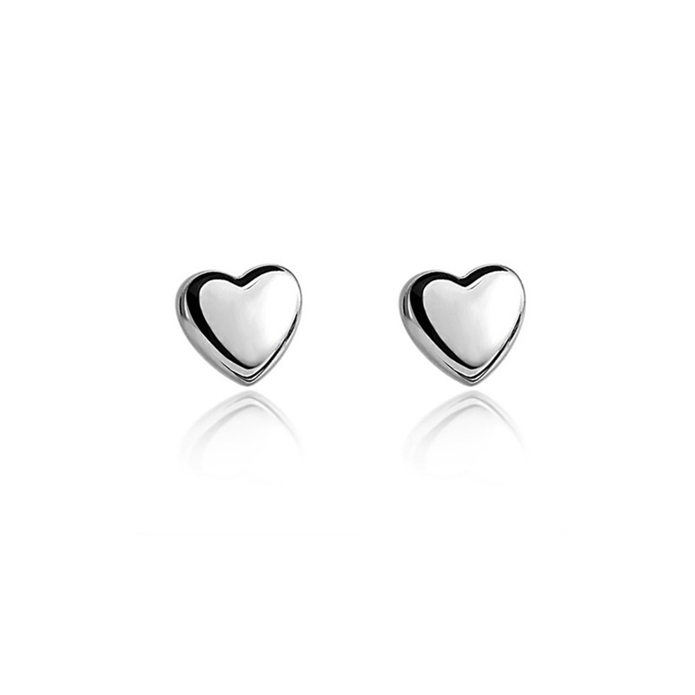 A pair of Minimalist Tiny Heart Studs in polished sterling silver plating, showcasing their classic heart shape on a clean white background.
