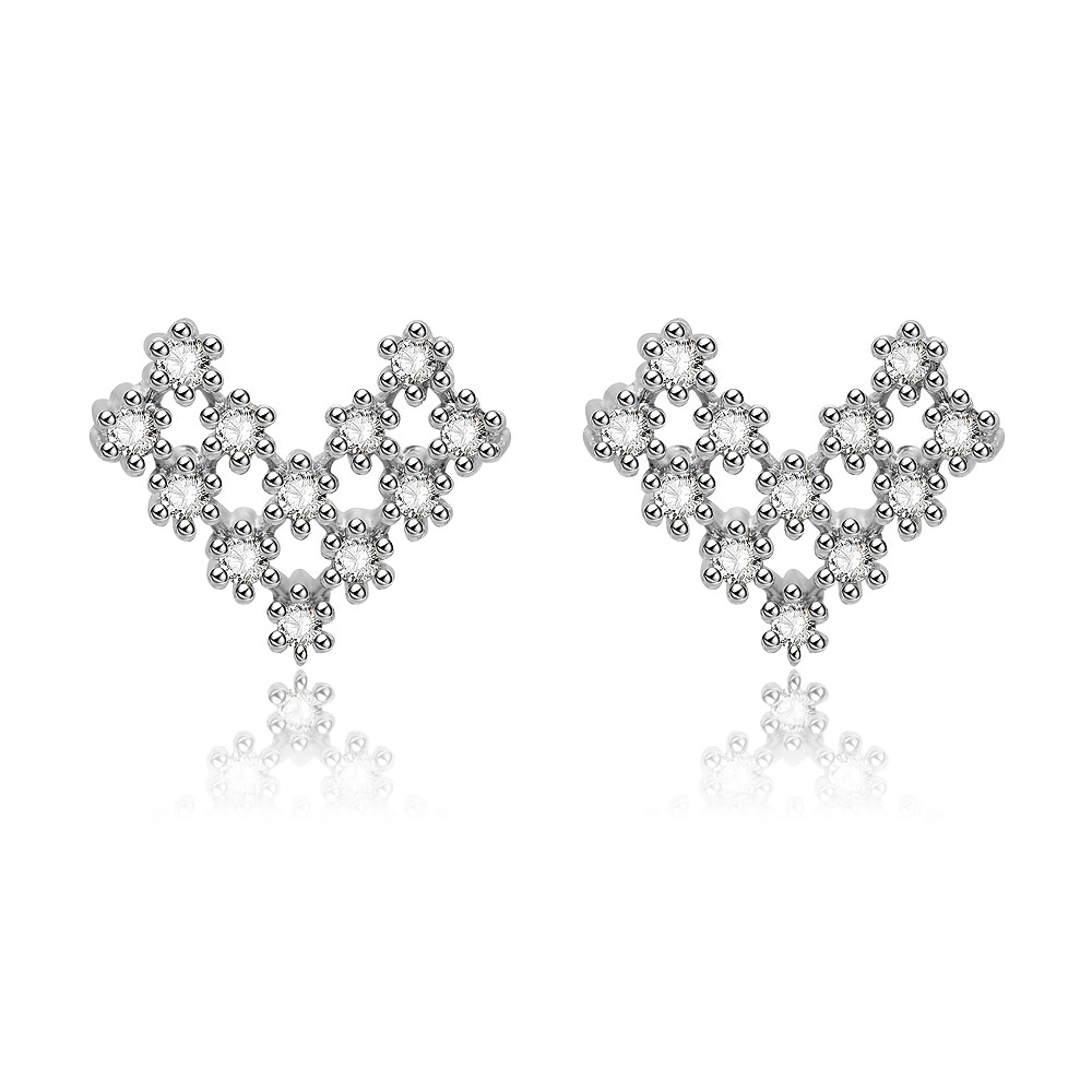 A pair of silver heart-shaped cluster stud earrings adorned with sparkling clear cubic zirconia stones, on a white background.