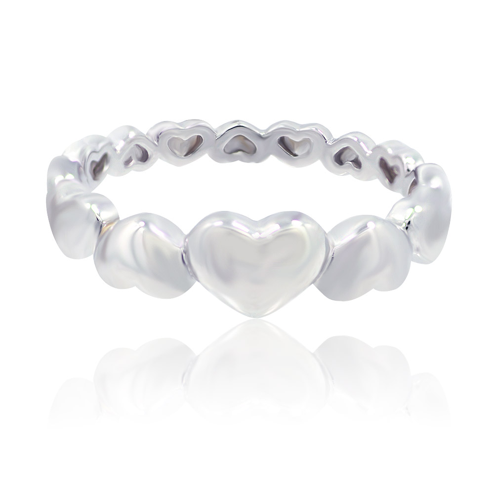 A close-up of the Heart Band Ring, featuring a central heart-shaped pearl on a high-luster silver band, set against a clean white background.