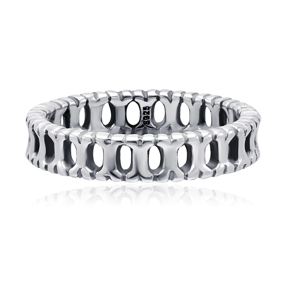 Front view of the Silver Plated X Trail Polished Band Ring, showcasing its intricate criss-cross X design and highly polished 925 sterling silver material.