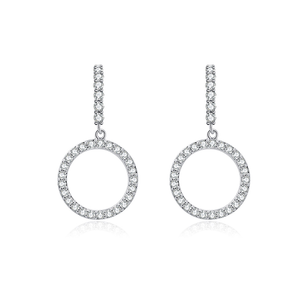 A pair of Zirconia Circle Cluster Drop Earrings, featuring a circular pendant design with clear cubic zirconia gemstones, crafted in rhodium-plated brass.