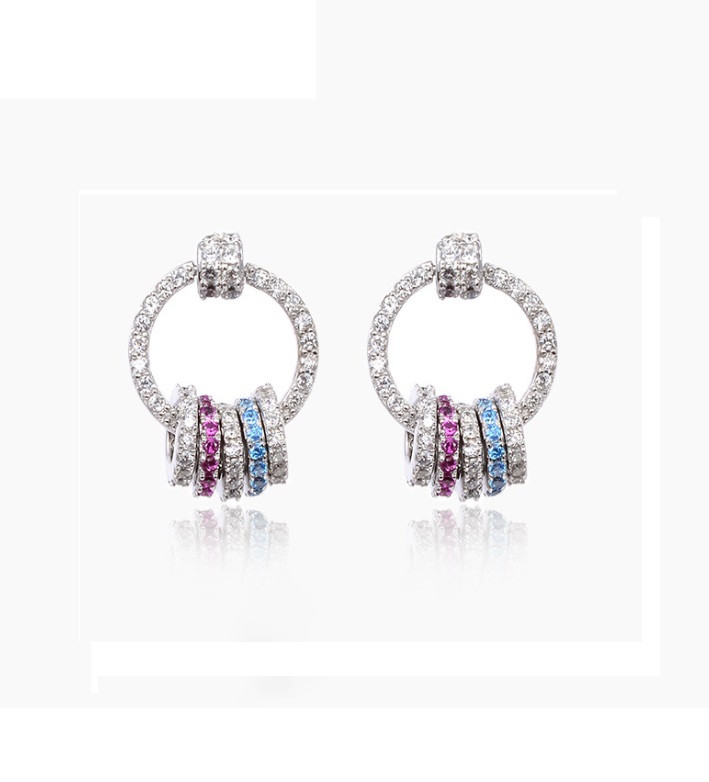 Close-up of 925 sterling silver minimalist drop earrings featuring a hoop design with a vibrant cluster of colorful cubic zirconia stones.