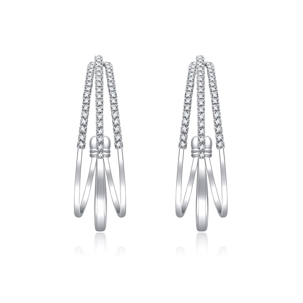 A pair of Triple Row Semi-Hoop Earrings made of silver-colored brass with rhodium plating, accented with sparkling cubic zirconia stones.