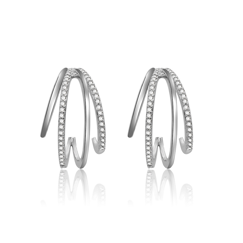 A pair of Double Row Semi-Hoop Earrings with sparkling cubic zirconia stones, rhodium-plated brass, style BEQ07-R-Z-00320.