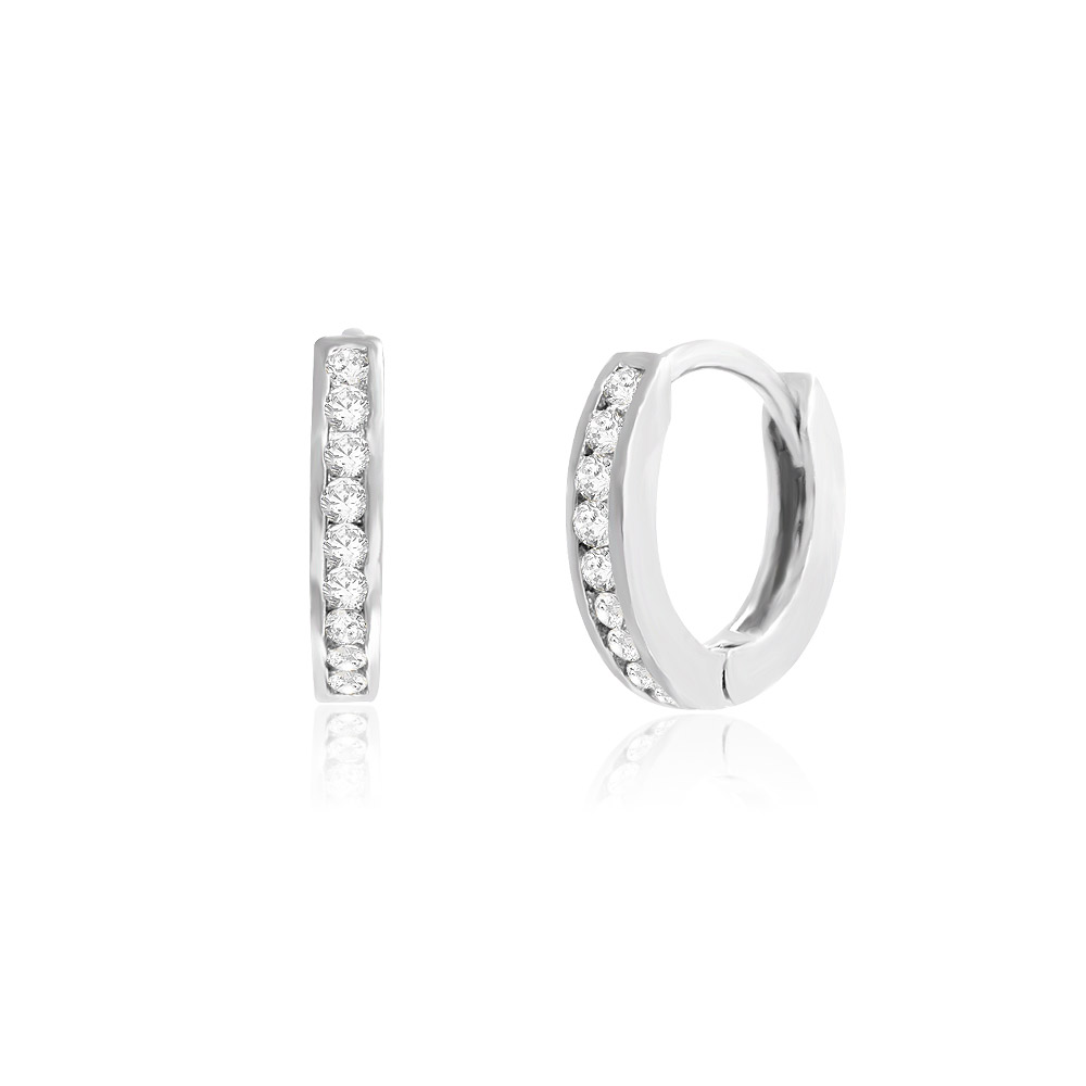 A pair of 12mm round hoop earrings made of rhodium-plated brass, featuring a sleek design with sparkling white cubic zirconia gemstones.