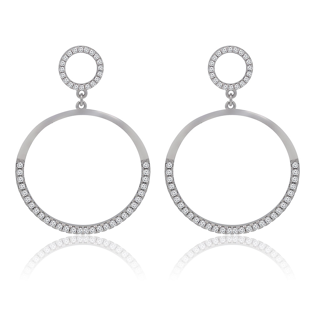 A pair of Sterling Silver Rounded Open Teardrop Earrings with sparkling cubic zirconia drops, shown against a white background.