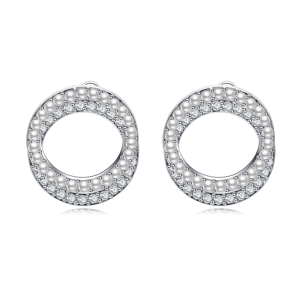 Double Circle Pearl CZ Earrings, a pair of silver hoop-style studs with pearl and cubic zirconia embellishments.