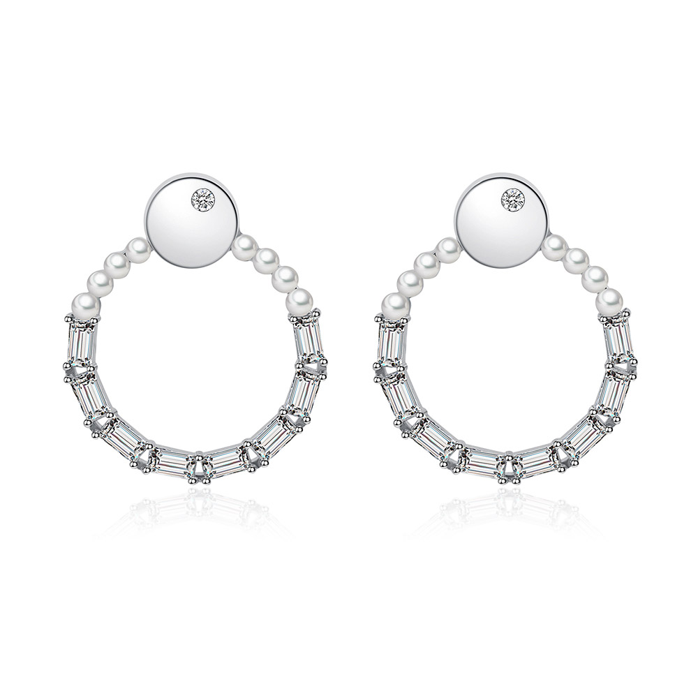 Polished CZ O Stud Earrings featuring a modern silver hoop design with pearls and clear crystals, shown against a white background.