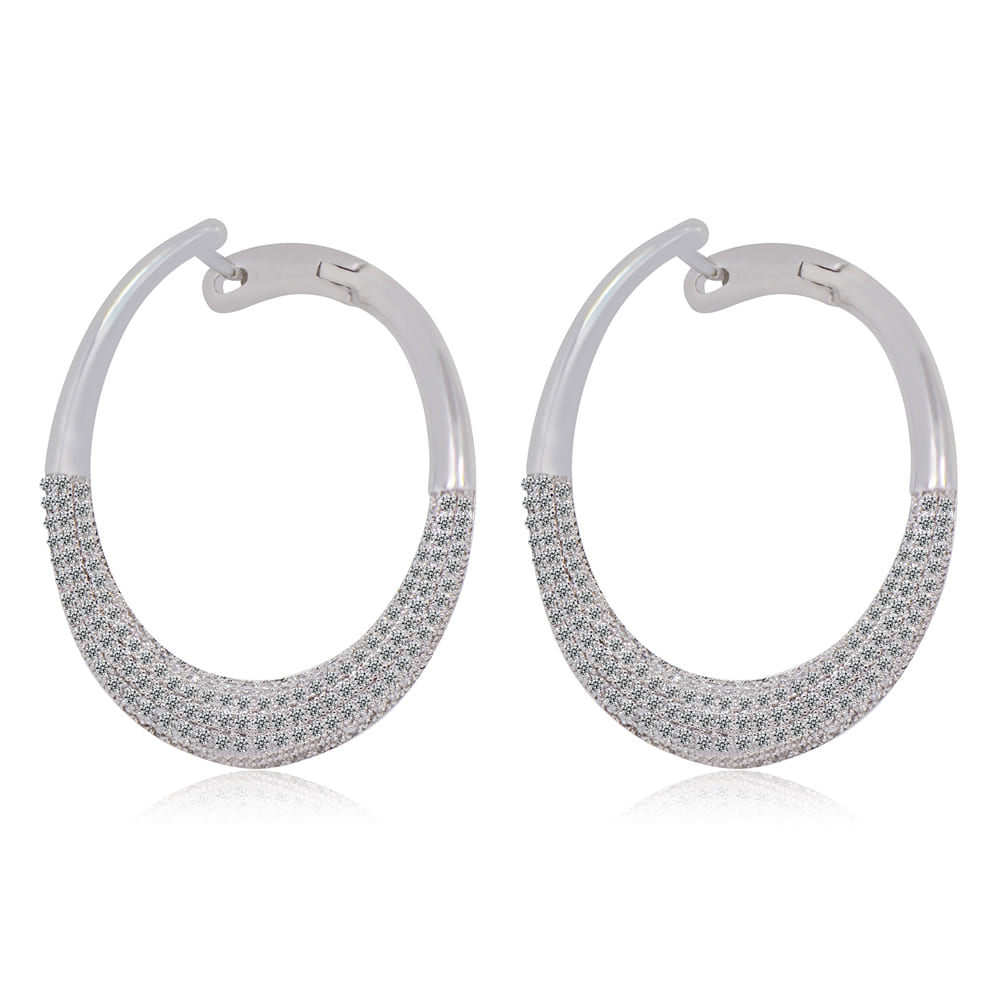 A pair of classic Hollywood Hoops earrings in rhodium-plated brass, featuring a brilliant row of white cubic zirconia stones.