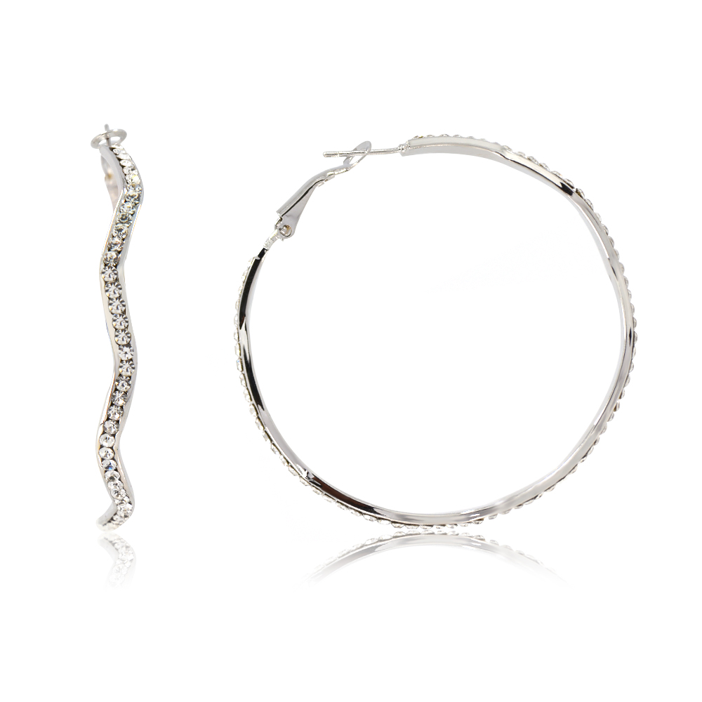 A pair of Rhodium Sparkling Hoop earrings with a wavy design and clear Czech crystal gemstones.