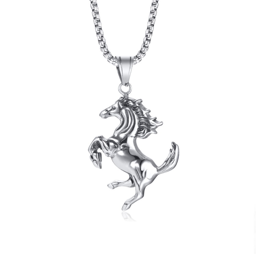 Front view of the 316L stainless steel horse pendant necklace, showcasing the detailed and dynamic design of the prancing horse.