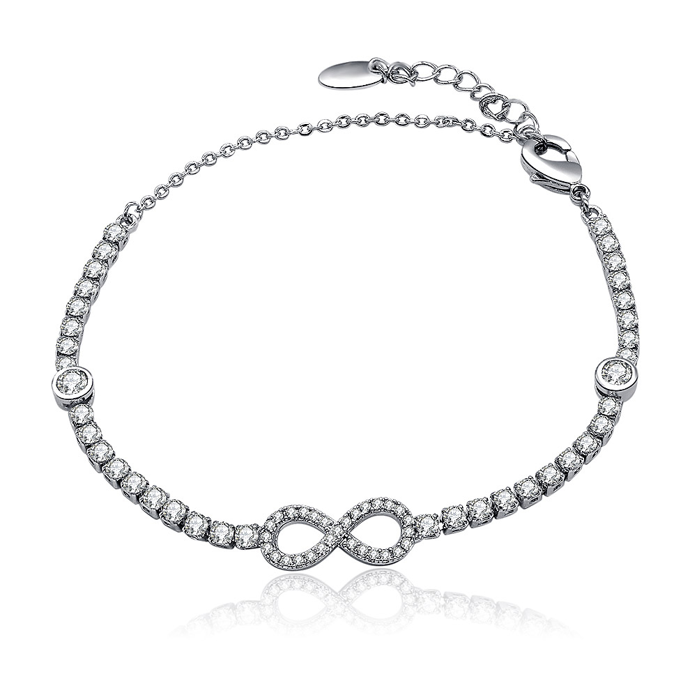Close-up of the Endless Love Infinity Charm Tennis Bracelet, showcasing the sparkling cubic zirconia stones set in a rhodium-plated brass infinity symbol.