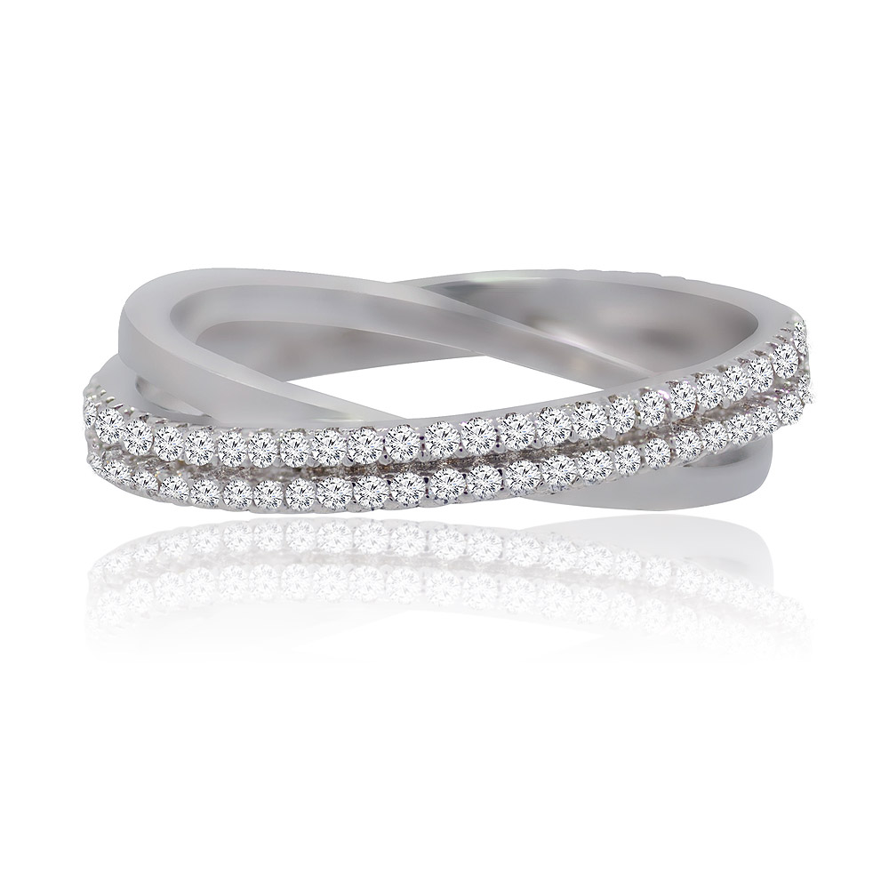 Close-up of the 3MM Cross Over Band Ring, showcasing its rhodium-plated brass finish and two sparkling rows of white cubic zirconia stones.