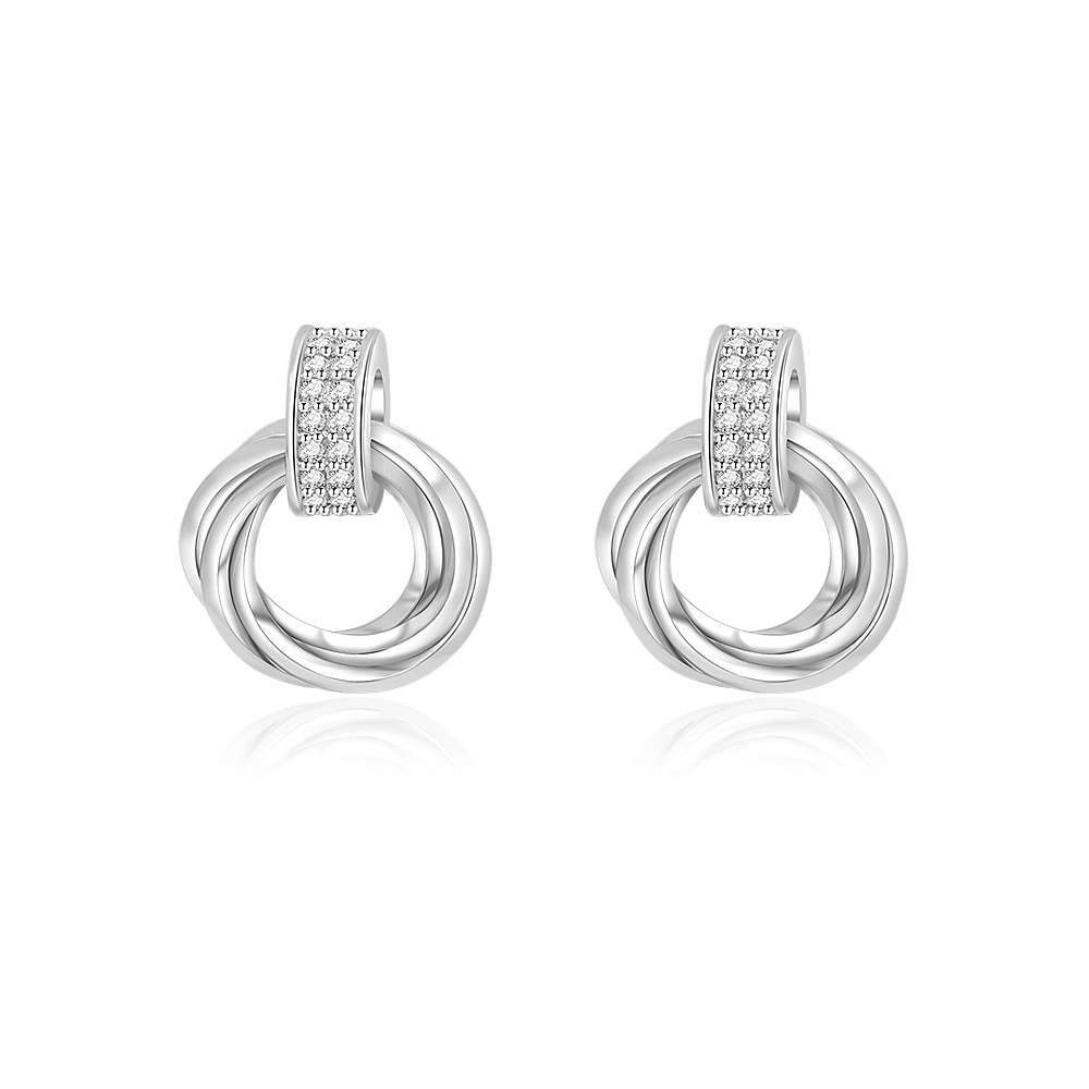 Chic Circle Interlock Studs in rhodium-plated brass, featuring an open circle design with sparkling white cubic zirconia accents, on a clean white background.