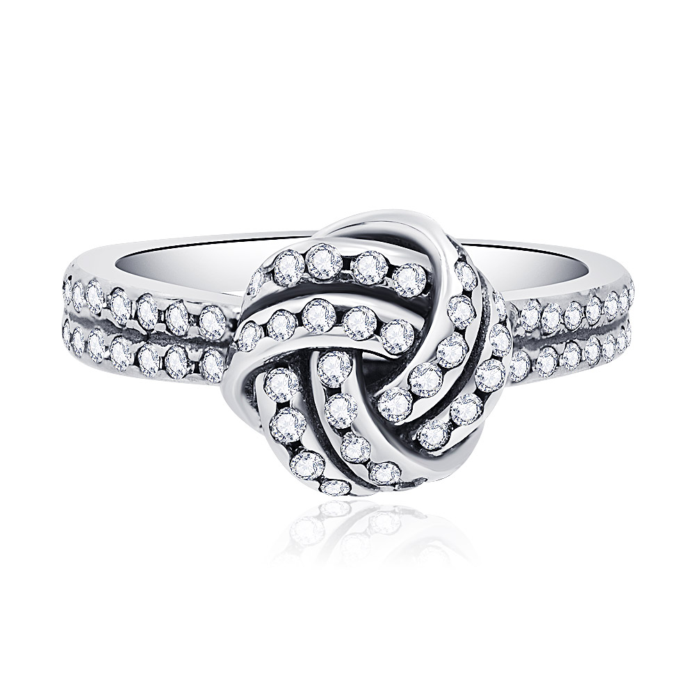Front view of the Sparkling S925 Silver Love Knot Ring, showcasing the intricate knot design embellished with brilliant cubic zirconia on a sterling silver band.