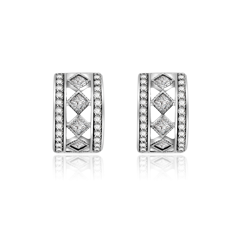 Close-up of a pair of C-shaped stud earrings made from 925 sterling silver, featuring an intricate lattice design and sparkling cubic zirconia stones.