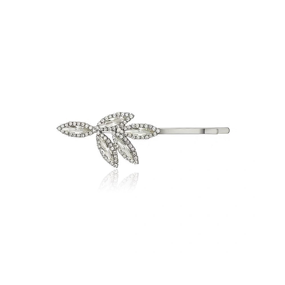 A close-up of the Leaf Crystal Hair Pin in a silver tone, showcasing its intricate leaf design embellished with sparkling clear crystals.
