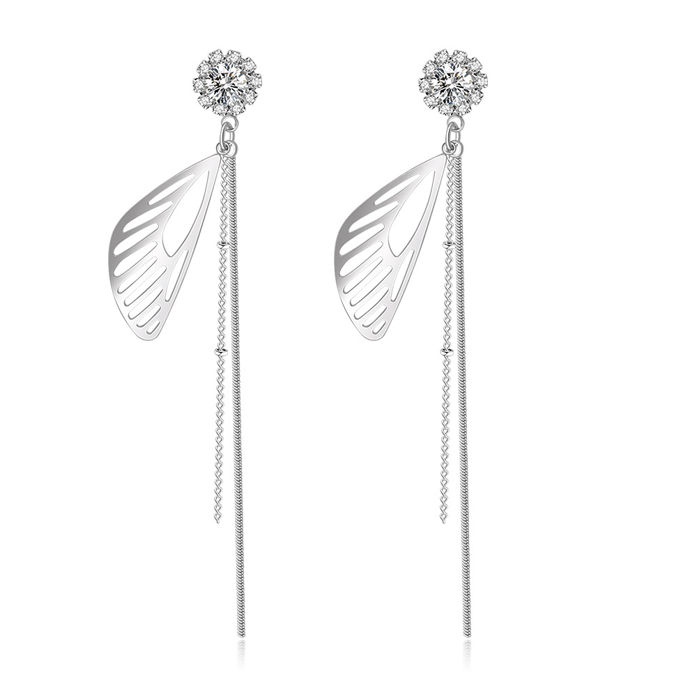 A pair of Leaf Crystal Chain Dangle Earrings, showcasing the silver leaf-shaped elements and delicate chain dangles against a white background.
