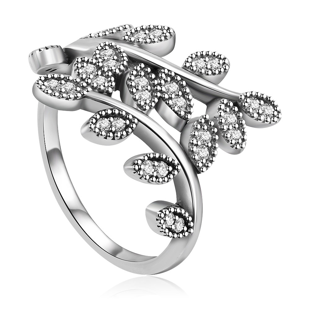 A close-up of the 925 Sterling Silver Shimmering Leaves Ring, showcasing its intricate leaf design adorned with sparkling cubic zirconia stones on a polished silver band.