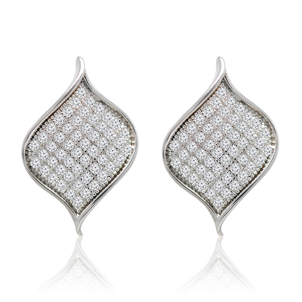 A pair of Accent Leaf stud earrings made from rhodium-plated brass, featuring an intricate leaf design adorned with sparkling cubic zirconia stones.