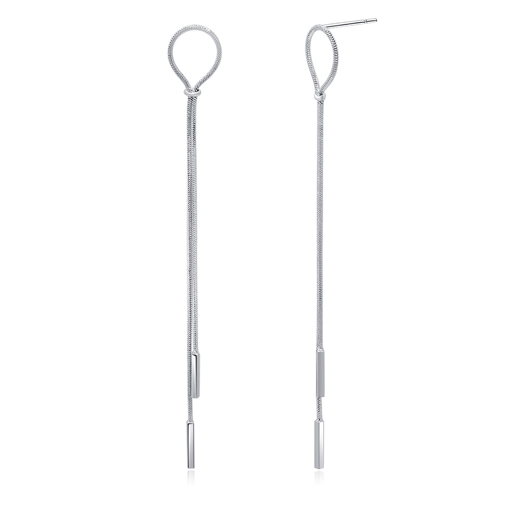 A pair of minimalist Snake Chain Dangling Earrings with a polished rhodium finish, displayed against a white background.