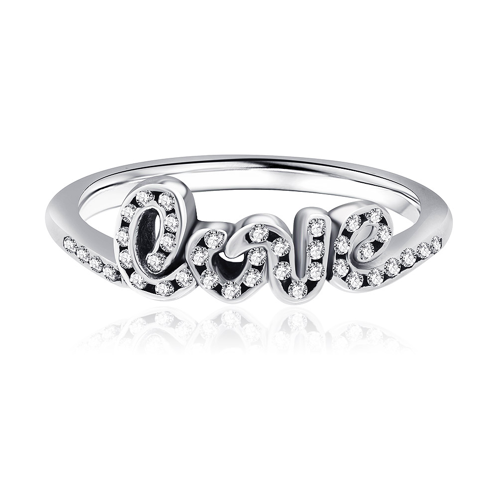 Front view of the Vintage Love Letter Silver Plated Ring, highlighting the 'love' script design and sparkling white cubic zirconia.