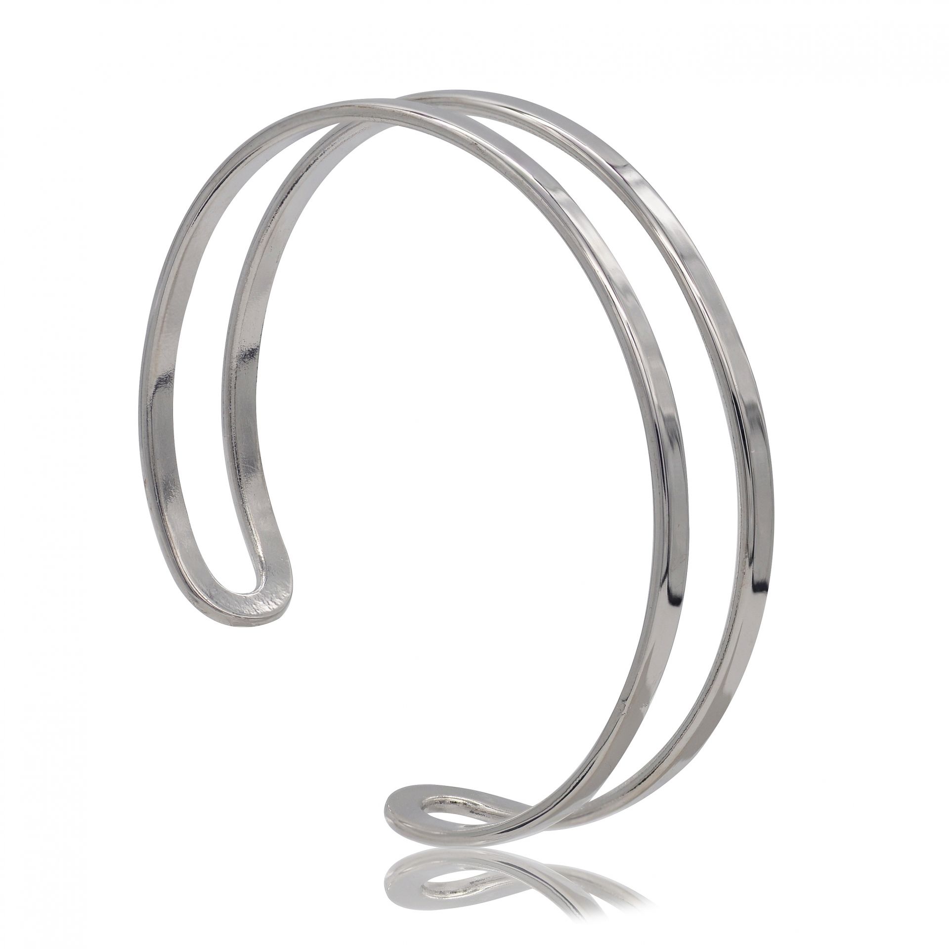 A minimalist Twirling Silver Cuff bracelet with three asymmetrical rows, shown against a clean white background to highlight its polished rhodium finish.