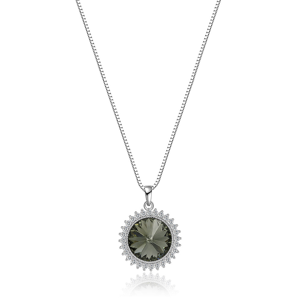 A silver necklace with a pendant featuring a large dark gemstone surrounded by smaller clear gemstones, the Only Sunshine Swarovski Stone Cluster Pendant Necklace.