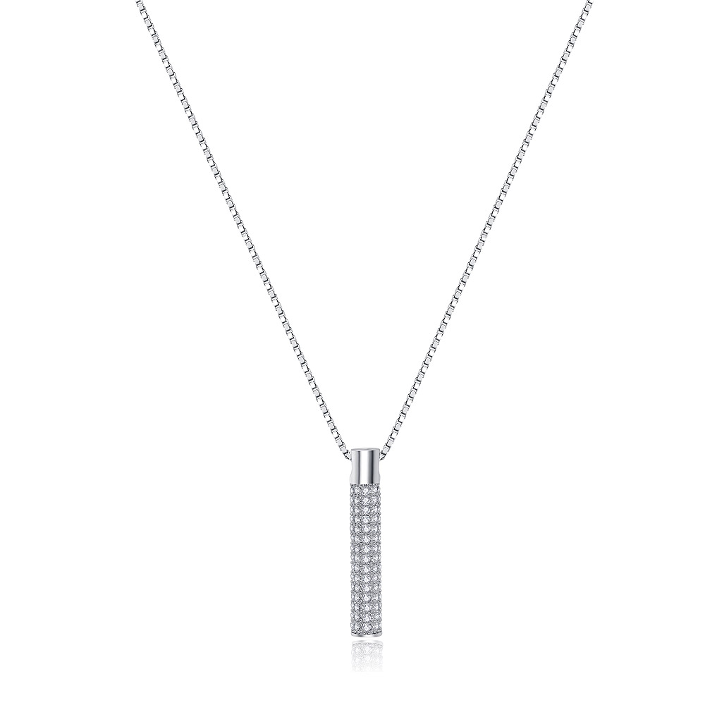 A close-up of the Cylinder Vertical Cubic Zirconia Bar Necklace, showcasing the rhodium-plated finish and the sparkling CZ stones on the vertical bar pendant.